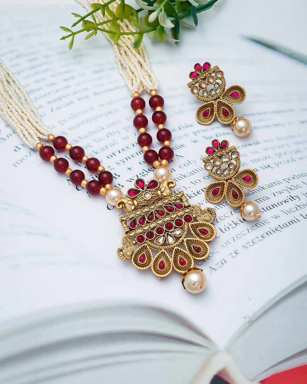 red white moti mala neckless