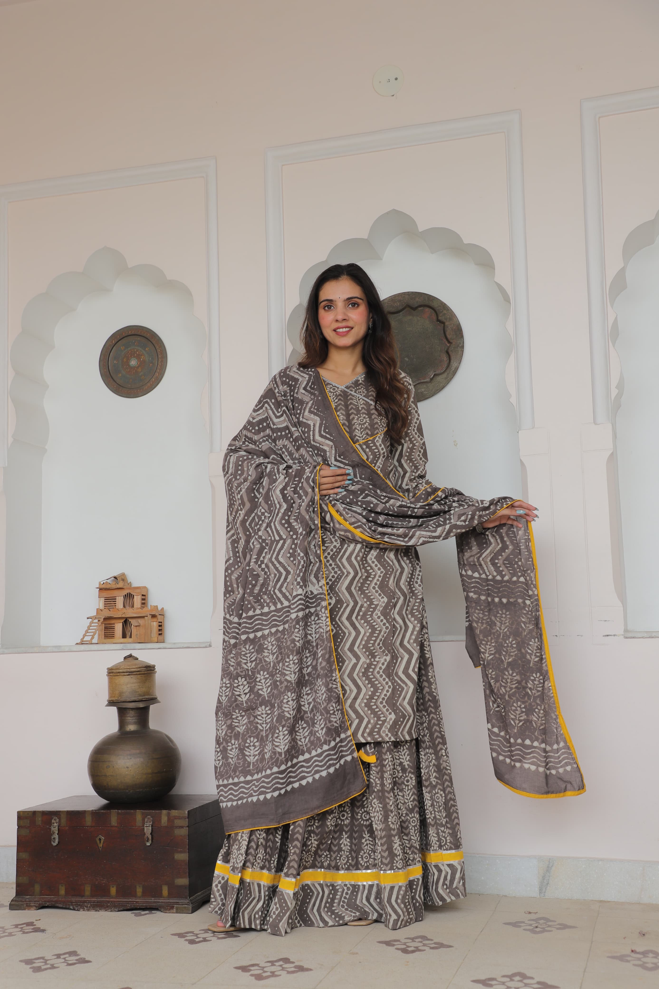 Bagru Hand Block  Printed Collection Designer Long Kurta & Skirt with duppata d5