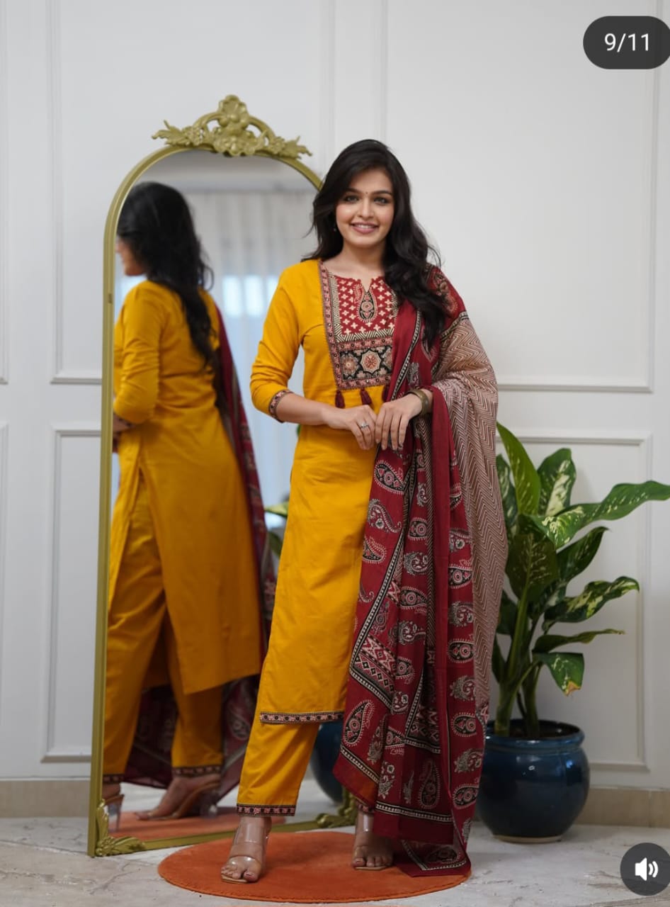 Cotton straight kurti,pant, dupatta sets