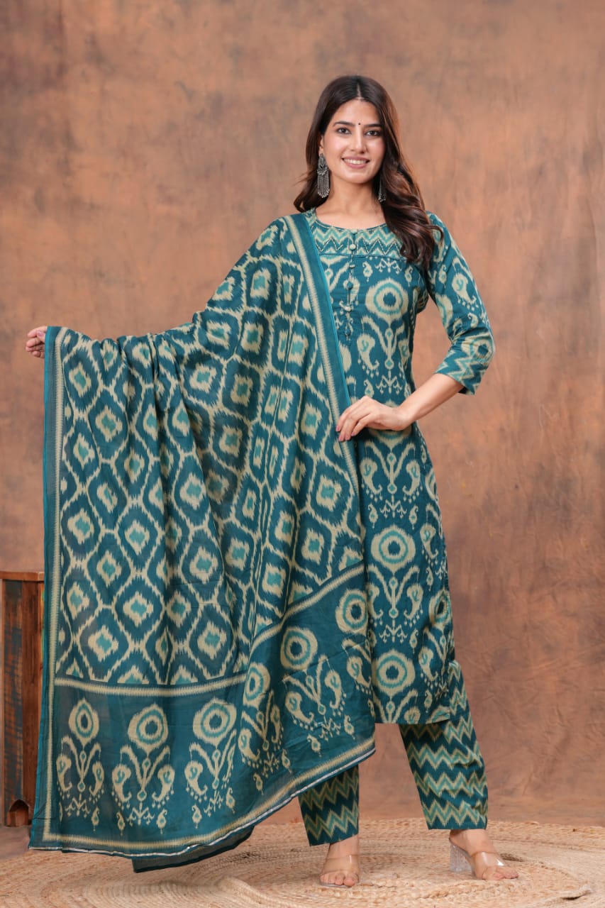 Cotton discharge print kurti pant dupatta sets #4