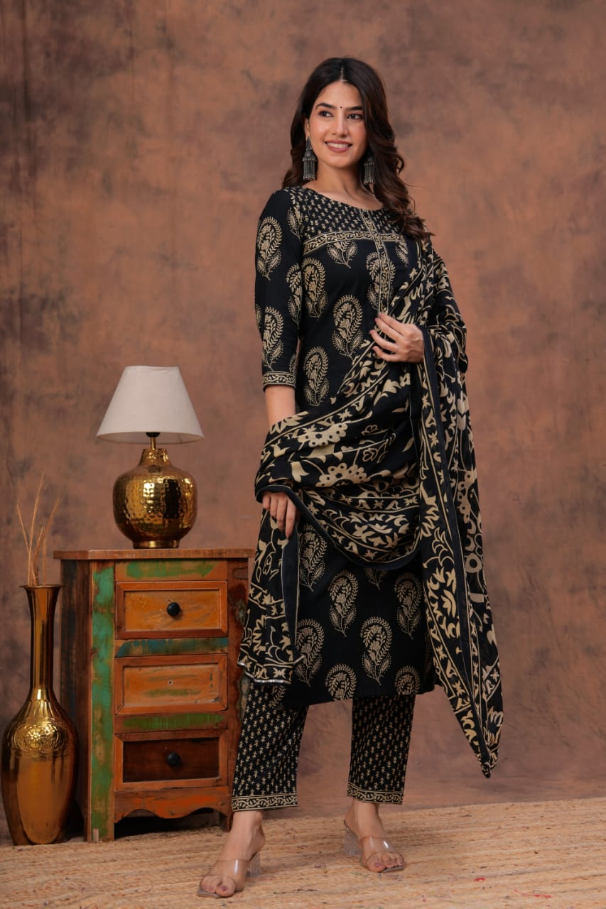 Cotton hand block print kurti pant dupatta sets