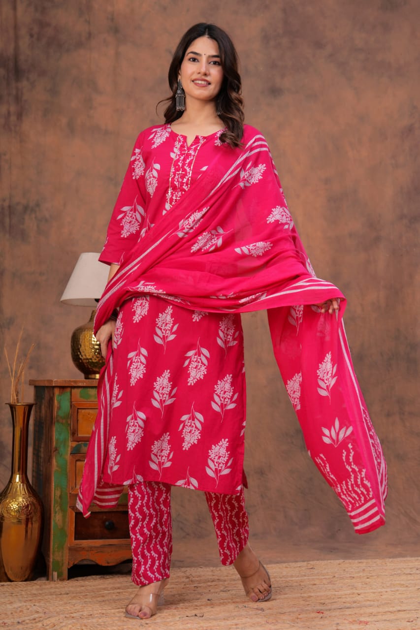 Cotton discharge print kurti pant dupatta sets 22