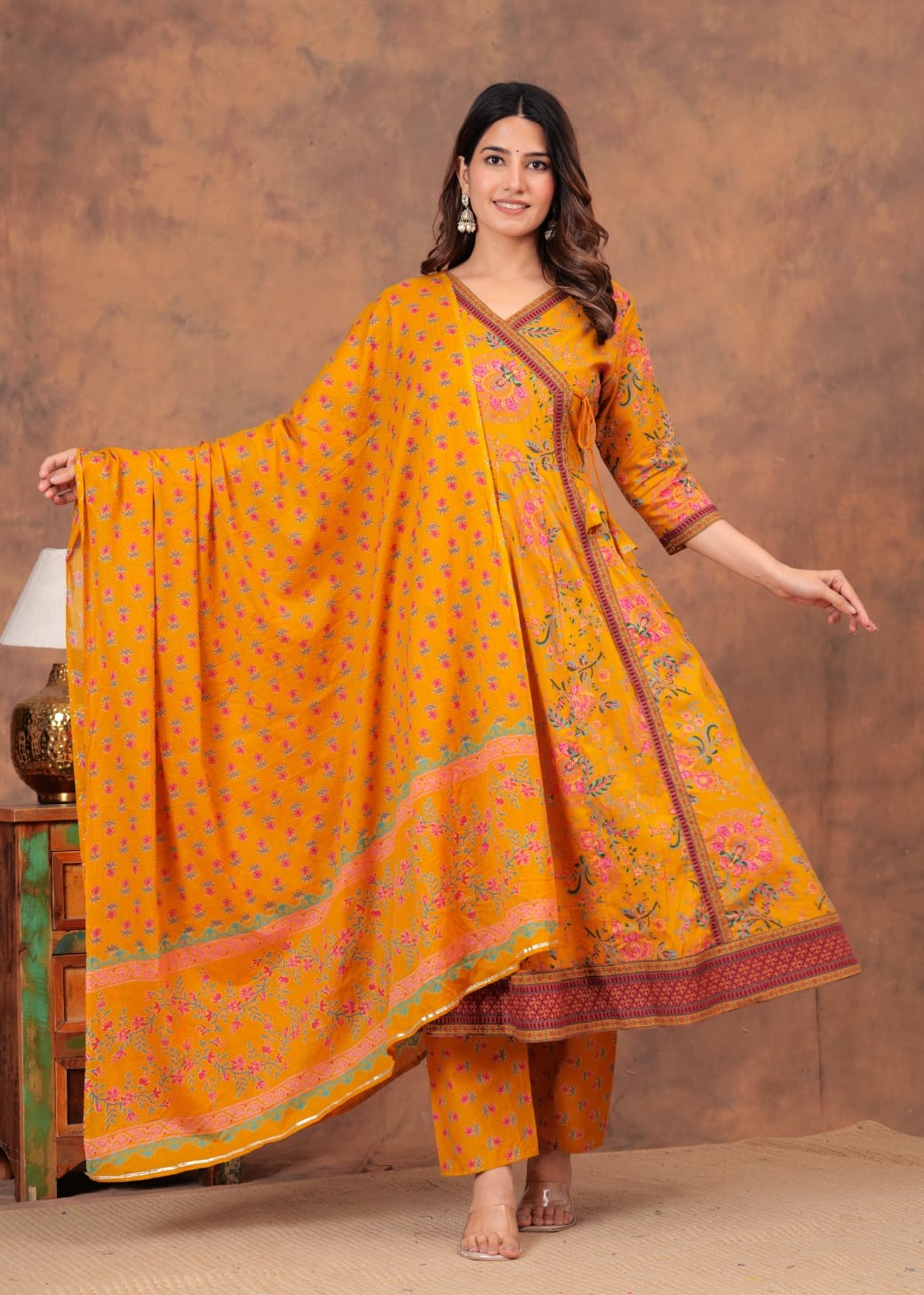 self hand block print  Cotton full flair anarkali kurti with pant and dupatta sets