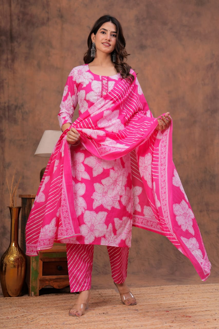 Cotton discharge print kurti pant dupatta sets 44