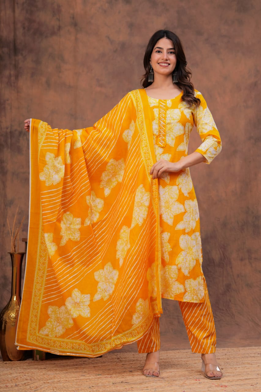 Cotton discharge print kurti pant dupatta sets 33