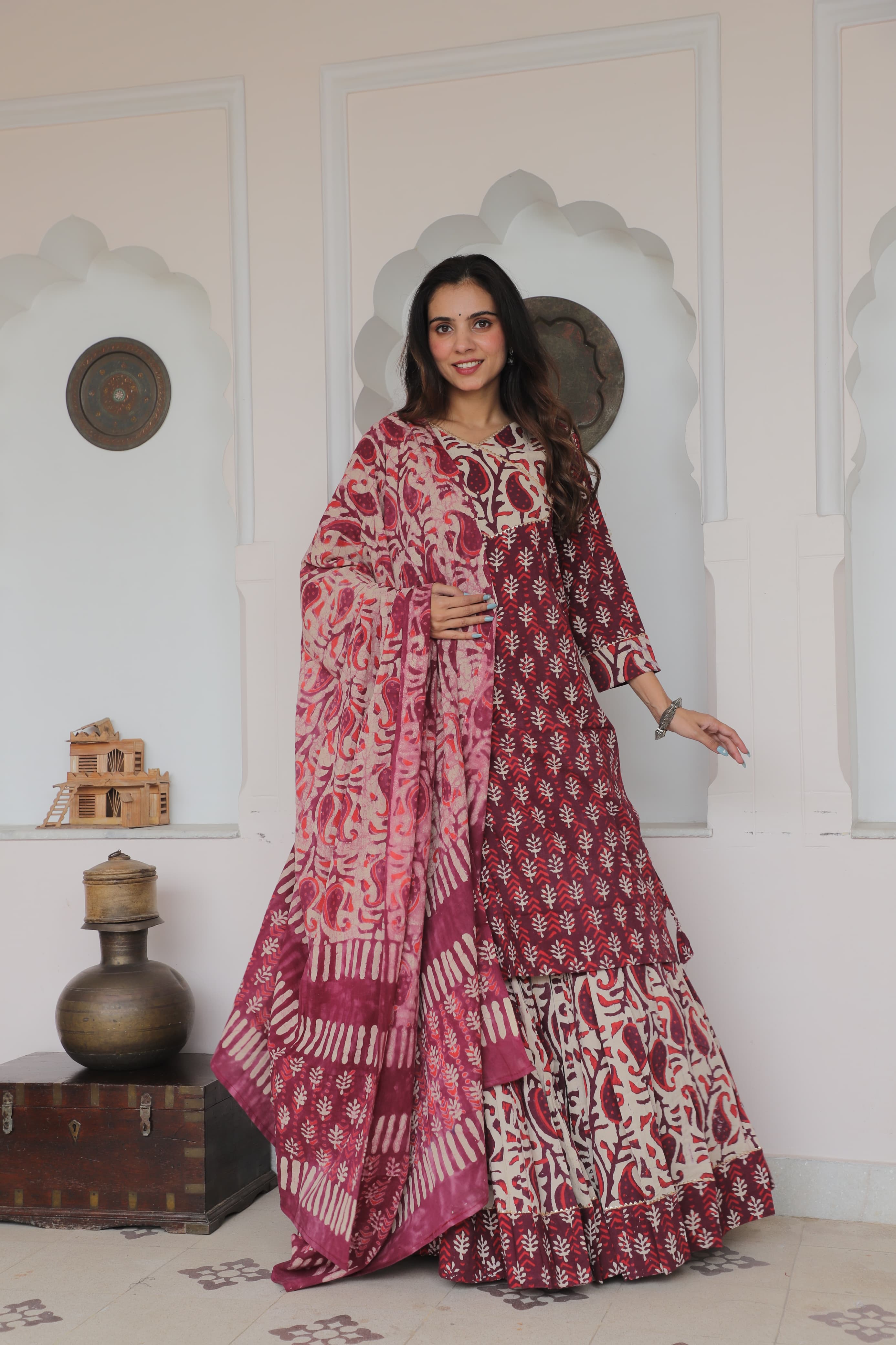 Bagru Hand Block  Printed Collection Designer Long Kurta & Skirt with duppata d6